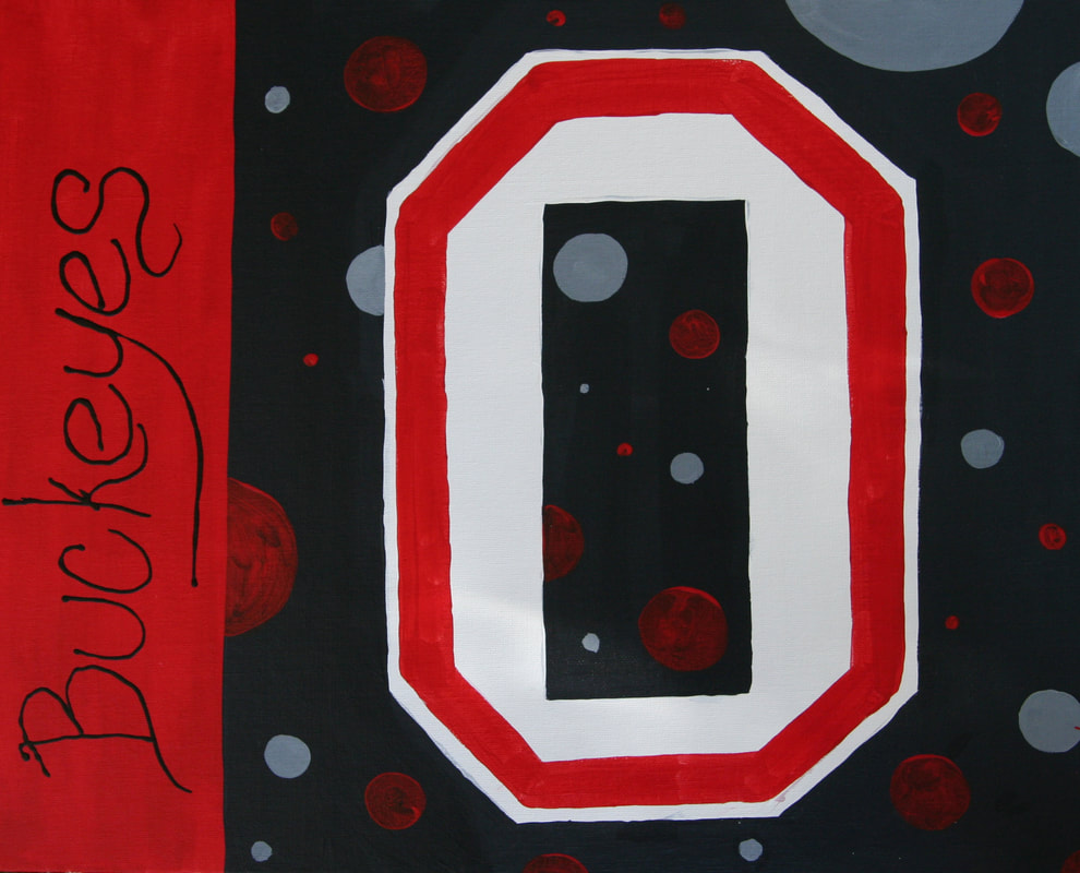 Acrylic painting with black and red background, large block O and word "Buckeyes" painted over