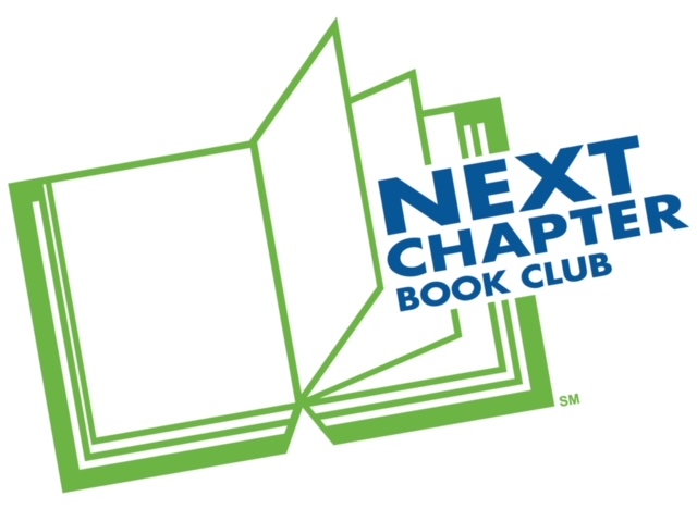 Next Chapter Book Club Logo, green book with blue lettering