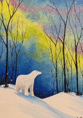 Winter aurora borealis forest with polar bear.