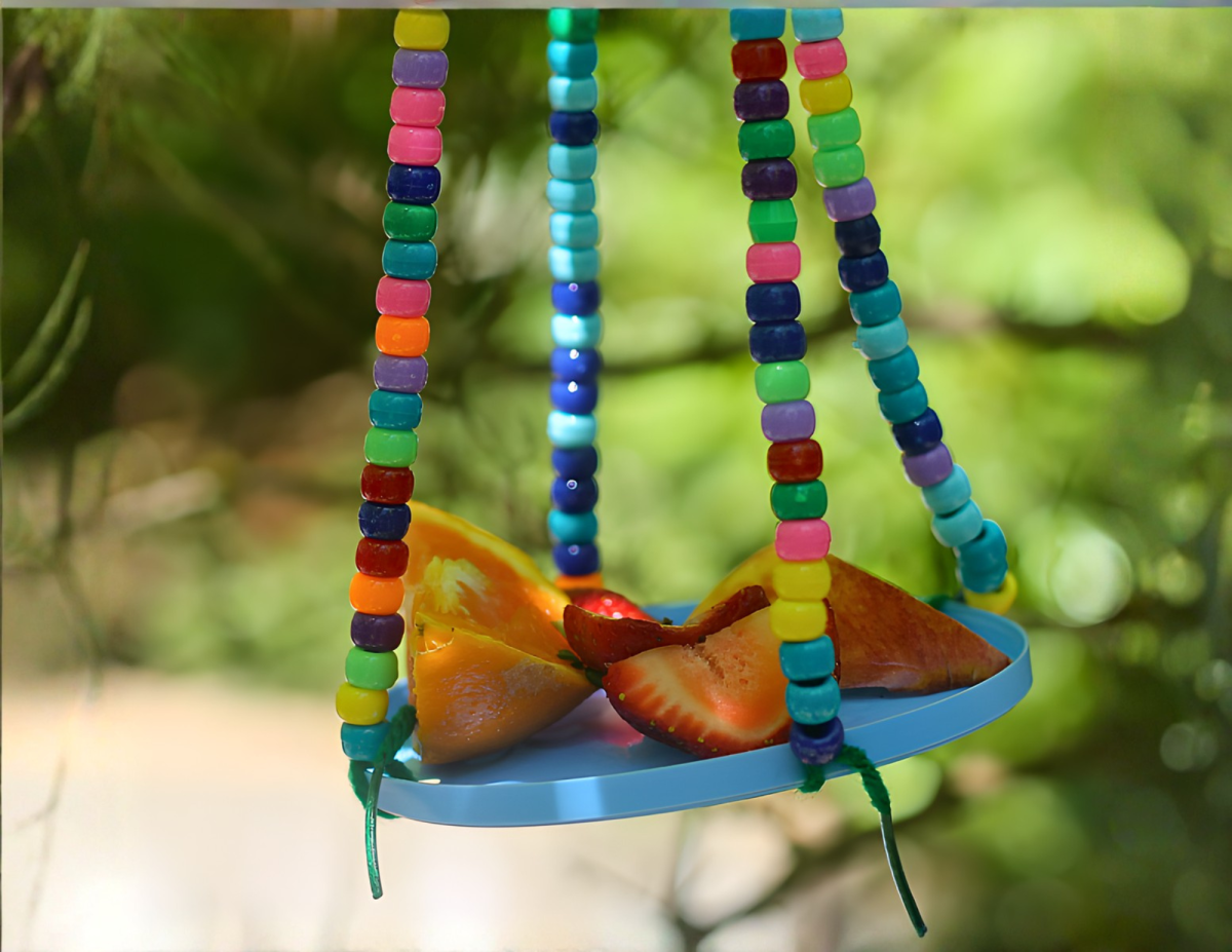 colorfully beaded handmade butterfly feeder craft with fruit