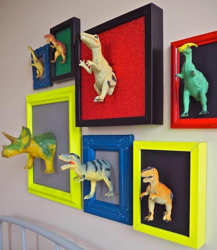 Dinosaurs in frames on a wall