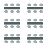 Two columns of tables with three chairs on either side. 